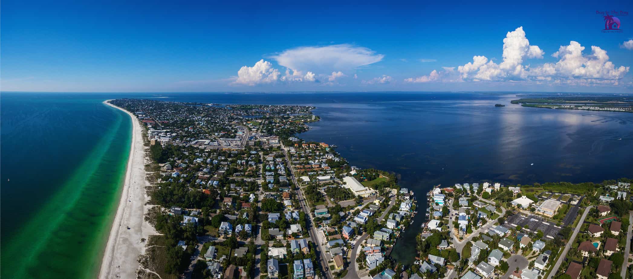Ariel view of beach and houses on gulf of mexico in Anna Maria Island in Manatee County Florida