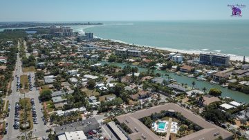 Sarasota County Florida Ariel view with gulf of mexico and tops of buildings in St. Armands Circle Sarasota
