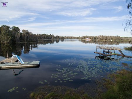 picture of rainbow lake in odessa Florida with trees and a floating slide