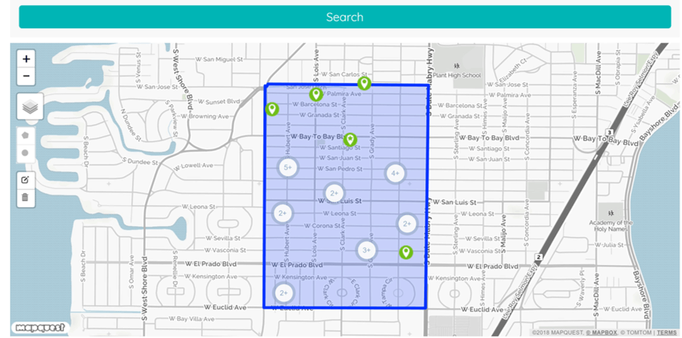 Map of the neighborhood boundaries of Virginia Park in South Tampa FL in zip code of 33629 showing homes for sale in the highlighted square of neighborhood