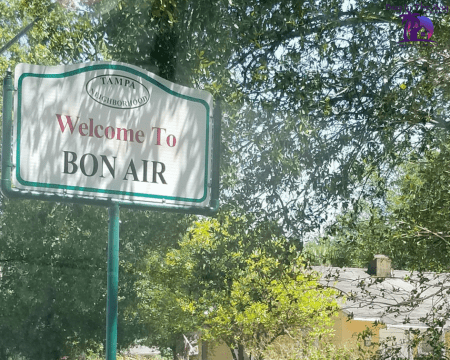 Bon Air Tampa neighborhood sign that is white and shows the wording with trees in the back