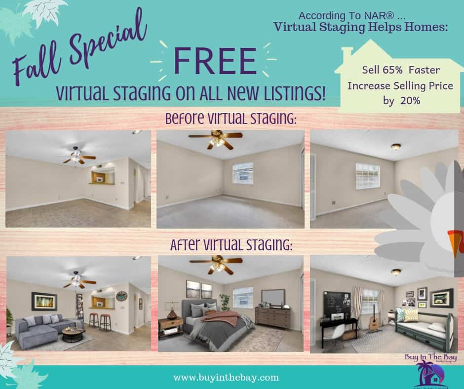 ad showing 3 rooms before and after virtual staging