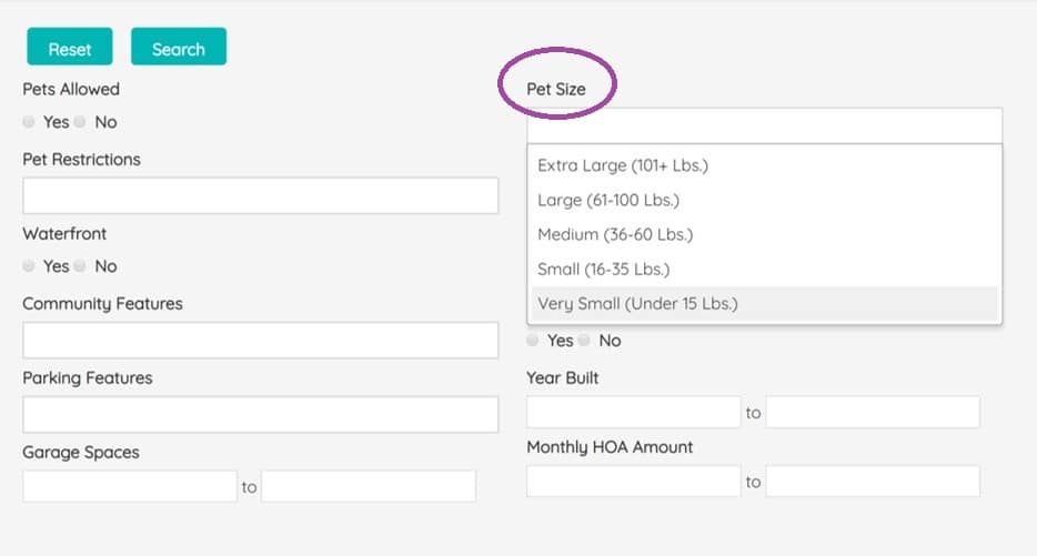 HOA Pet Weight Limit Search Tool on MLS that shows common dog breed restrictions