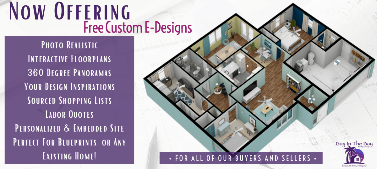 Image Showing E Design Interior Design Services Special with birds eye view of home and the list of included specials Buy In The Bay Realty Group provides