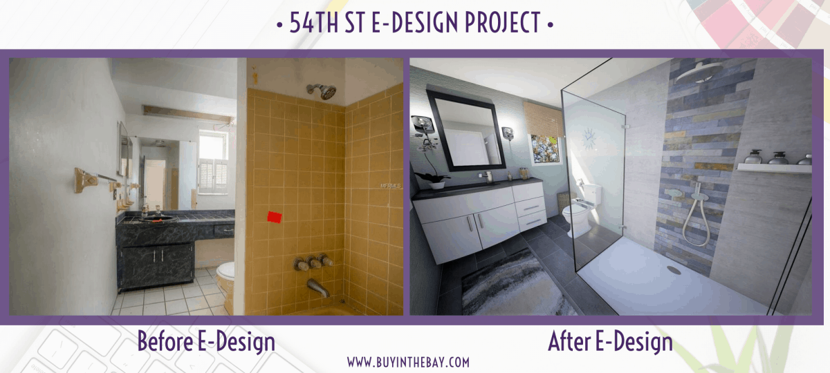 54th AVe S St Petersburg FL Showing E-Design Interior Design Before and After of 2nd Bath