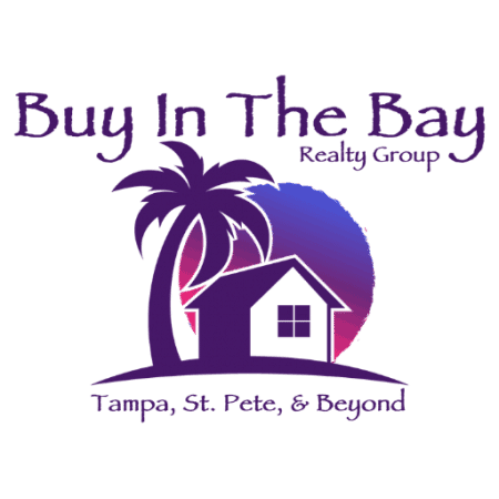 Logo for Buy In The Bay Realty Group LLC with the name, sunset , home, and wording that says Tampa St Pete and Beyond