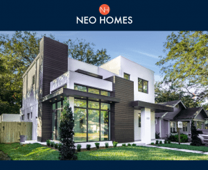 Image of a modern home and the logo for neo homes tampa