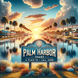 Featured image of Palm Harbor, Florida, for the 34683 zip code. It showcases a serene coastal landscape with tall palm trees and a clear blue sky. In the background, a stunning sunset casts golden hues over calm waters. In the foreground, there's a sign that reads, "Welcome to 34683, Palm Harbor - A Place to Call Home' set against a vibrant and inviting backdrop that captures the essence of a coastal Florida community.