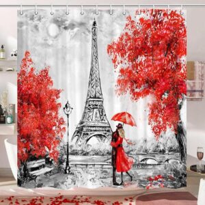 Oil Painting with a picture of a shower curtain with the eifel tower and cherry blossoms 