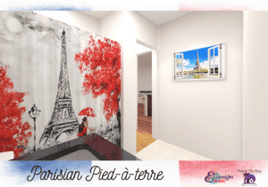 rendered image of shower curtain and painting with eifel tower 