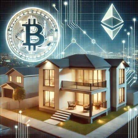 Modern real estate image featuring a stylish contemporary home with glowing Bitcoin and Ethereum symbols integrated into the design. The background includes a digital cityscape with blockchain-inspired elements, reflecting the intersection of cryptocurrency and real estate.