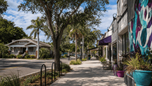 Grand Central District St. Petersburg streetscape with local shops, mural and bungalow homes